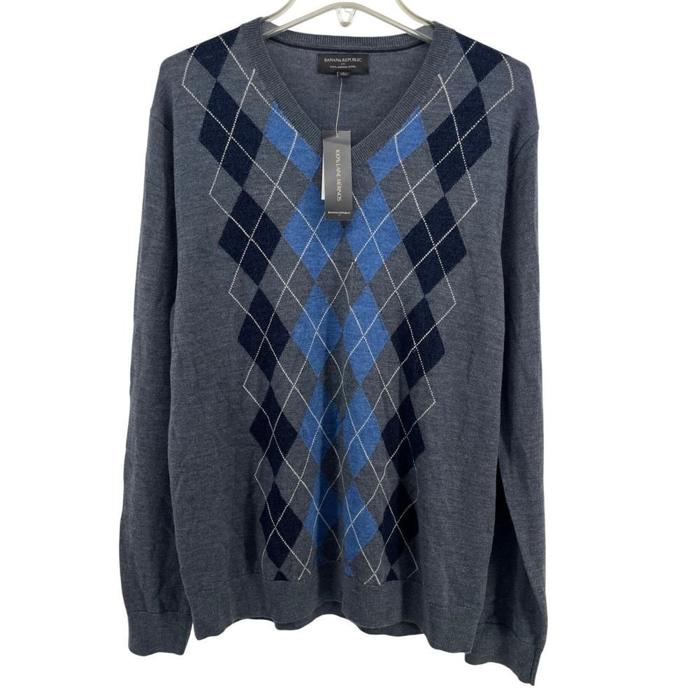 Banana Republic Mens V Neck Argyle Merino Wool‎ Sweater Size L NEW
